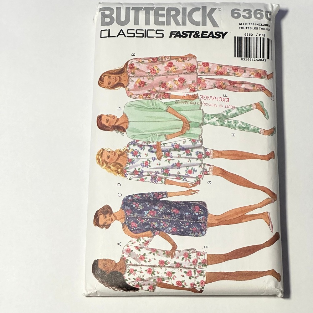 Uncut Butterick Sewing Pattern 6360 Misses Pajamas Nightshirt Shorts Leggings